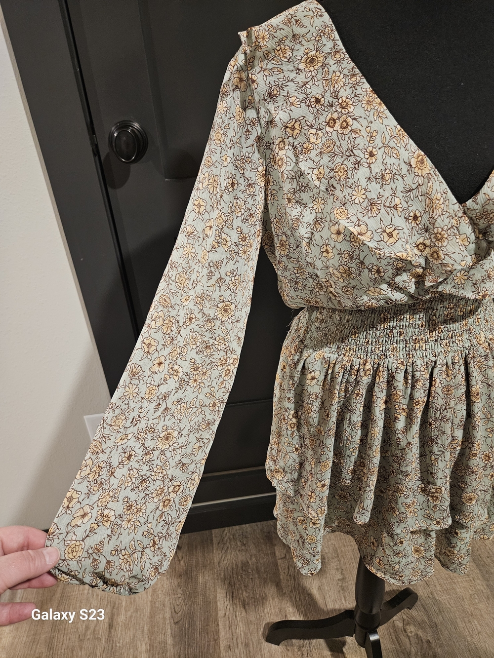 Altar'd State Floral Ruffle V-Neck Smocked Waist Dress - Sage & Mustard - Picture 2 of 3